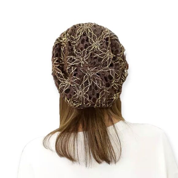 Brown Floral Lace Sequin Lightweight Lined Beanies Cap - NEW - Picture 2 of 4